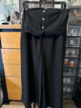 Black Wide-Leg High-Rise Button-Front Pants and Black Bandeau Top Set
